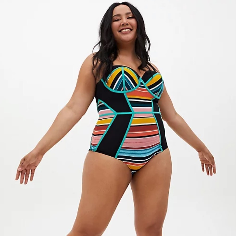 Torrid Black & Multi Stripe Underwire One-Piece Swimsuit
